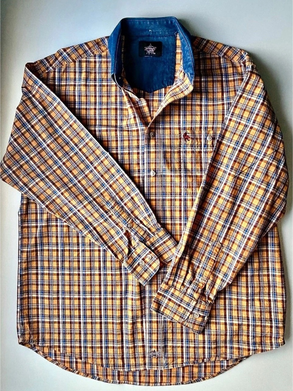 Wrangler PBR Professional Bull Riders Plaid Western Shirt Denim Collar Men's XL